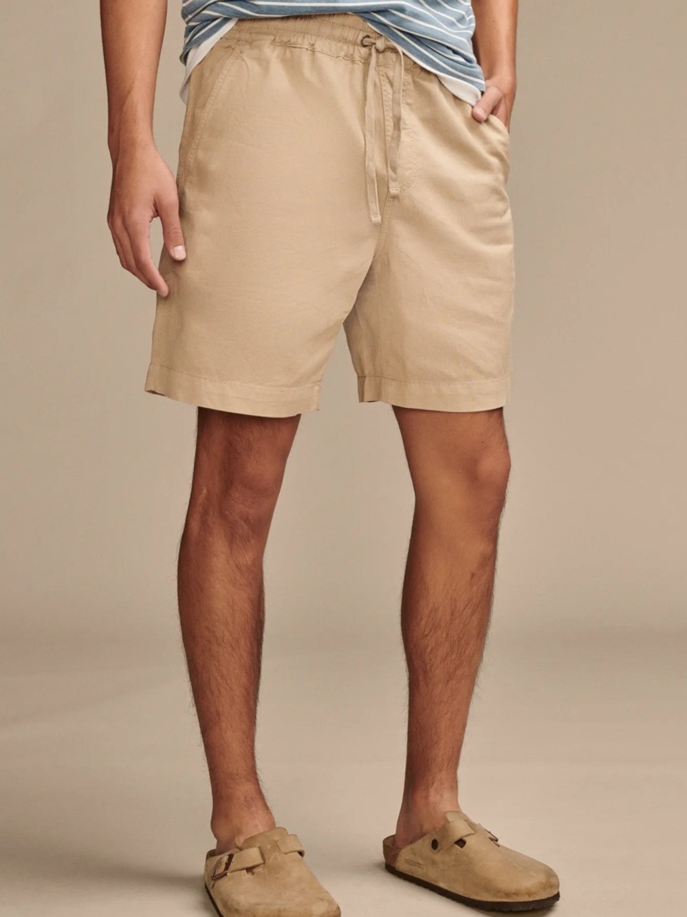 Lucky Brand Men's Size L Linen Cotton Elastic Waist Drawstring Shorts Beige